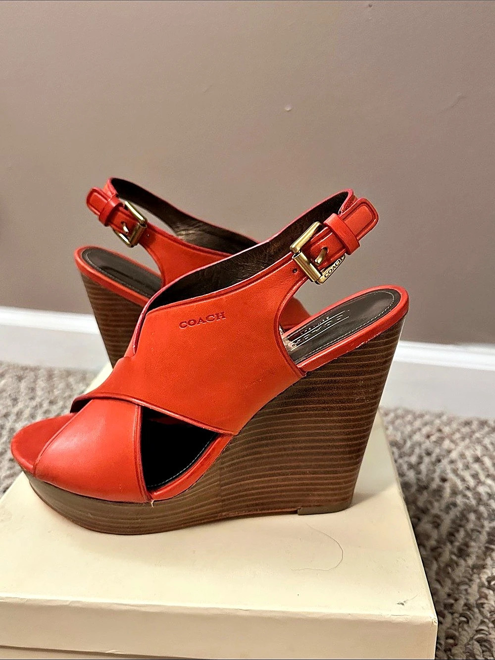 Coach Jamila Veg Leather Wedge Sandals Red US 7 B
